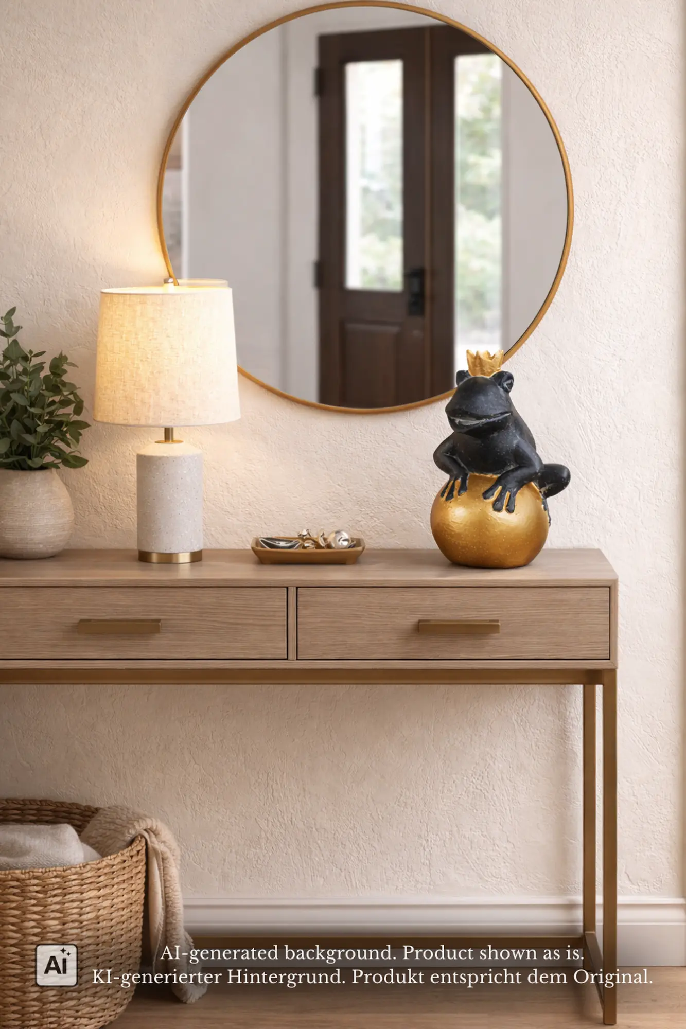  Product image 1 of the product “Frog Prince sitting on ball, approx. 30cm height, cast stone, hollow, handcrafted & coloured ”